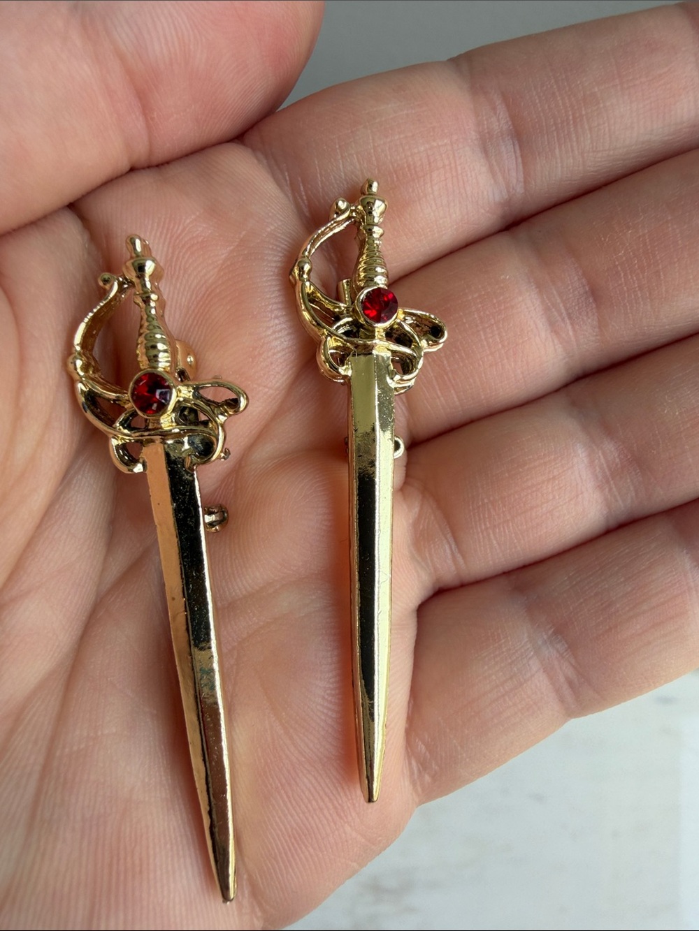Sword gold Brooches with red rhinestone accents- whimsigoth - Picture 4 of 4